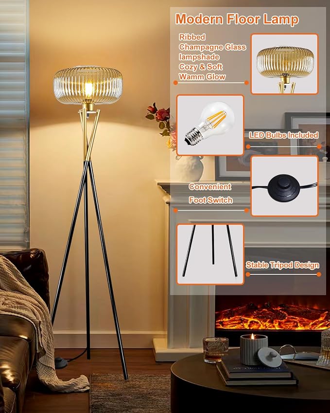 Lightdot Glass Tripod Floor Lamp for Living Room, Modern Gold&Black Standing Lamp with Ribbed Brown Glass Shade, Arc Tall Lamp for Bedroom/Reading Room/Sofa Beside/Corner Decor (Bulb Included)