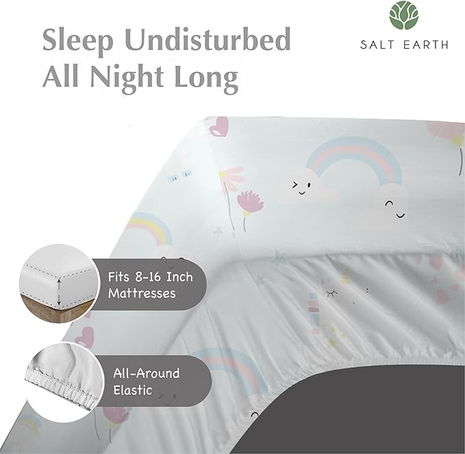 Salt Earth 100% Cotton 210TC Kids Bedsheet, Twin Sheets Set, Toddler Bed, 3 Piece Bedding Set Including Flat Sheet, Fitted Sheet & Pillowcase, Themed Cute Sheets Kids Bed (Unicorn/Rainbow Pillow)