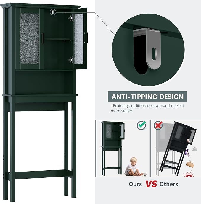 Over The Toilet Storage Cabinet, Over Toilet Storage with Glass Doors and Adjustable Shelf, Thicken Frame Above The Toilet Storage Cabinet Behind The Toilet Bathroom Organizer, Forest Green