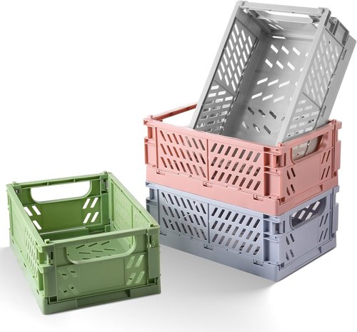 HUUSMOT Small Pastel Plastic Storage Baskets - 4-Pack Collapsible Crates for Organizing | Space-Saving Mini Bins (9.8" x 6.5" x 3.8")