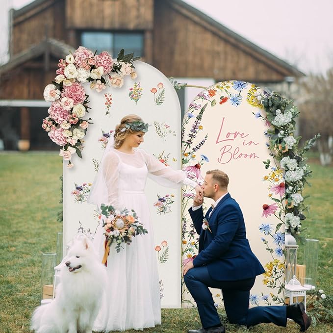 Chunful 2 Pcs Love in Bloom Bridal Shower Decorations 2-Sided Round Top Cute Wildflower Backdrop Arch Cover for Wedding Bridal Bride-to-be Engagement Wedding Party Supplies 6 ft/7.2 ft (Pink)
