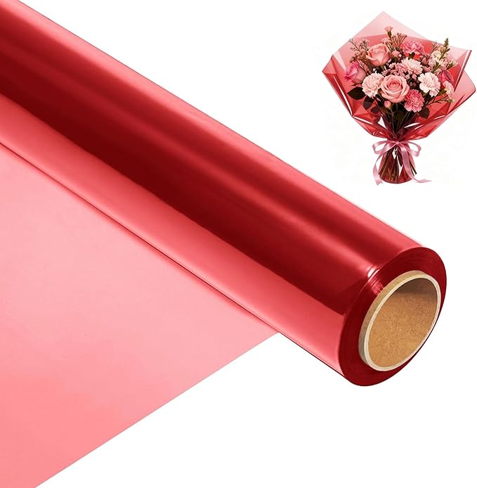 200 ft Red Cellophane Wrap Roll (16 In x 200 Feet) - 2.5 Mil Thick for Gift Baskets, Bouquets, Party Decorations