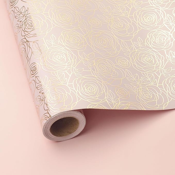 LDGOOAEL Mini Wrapping Paper Roll - Reversible Design (17" X 32.8Feet) - Metallic Gold Rose for Mothers Day, Birthday, Baby Shower