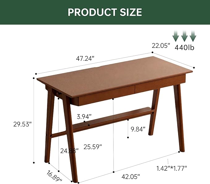 100% Solid Rubber Wood Desk Home Office Desk Mid Century Modern Writing Computer Desk with Drawer for Home Office 47"