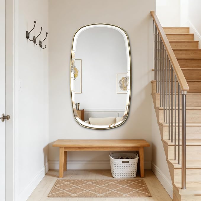 POZINO Beveled Bathroom Mirror, 40"x24" Oblong Vanity Mirrors with Stainless Steel Frame, Brushed Gold Rectangle Wall Mirror for Entryway Bedroom Hallway Living Room, Hangs Vertically or Horizontally