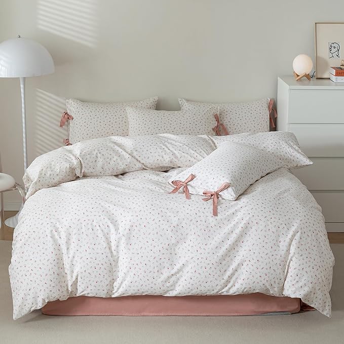 HighBuy Farmhouse Comforter Set King Botanical Floral Bedding Comforters King for Teen Girls with 2 Bowknot Bow Tie Pillowcases Fluffy Soft Comforter Cozy,All Season Comfy Striped Comforter