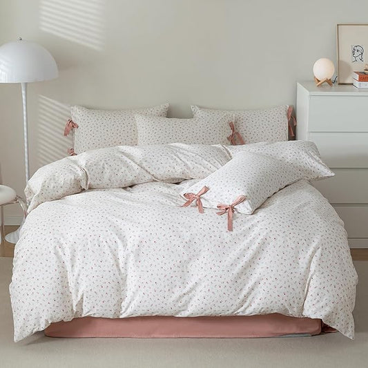 HighBuy Girl Duvet Cover Twin XL Botanical Flower Coquette Bedding Set Vintage Style Garden Floral Duvet Cover Twin XL with 2 Bowknot Bow Tie Pillowcases Soft Cotton Comforter Cover Set