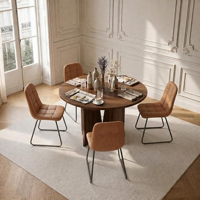 HIPIHOM Modern Round Dining Table Set for 4, 39.4" Walnut Kitchen Table with 4 PU Leather Chairs, 5-Piece Mid-Century Dining Room Set for Small Spaces, Pedestal Base