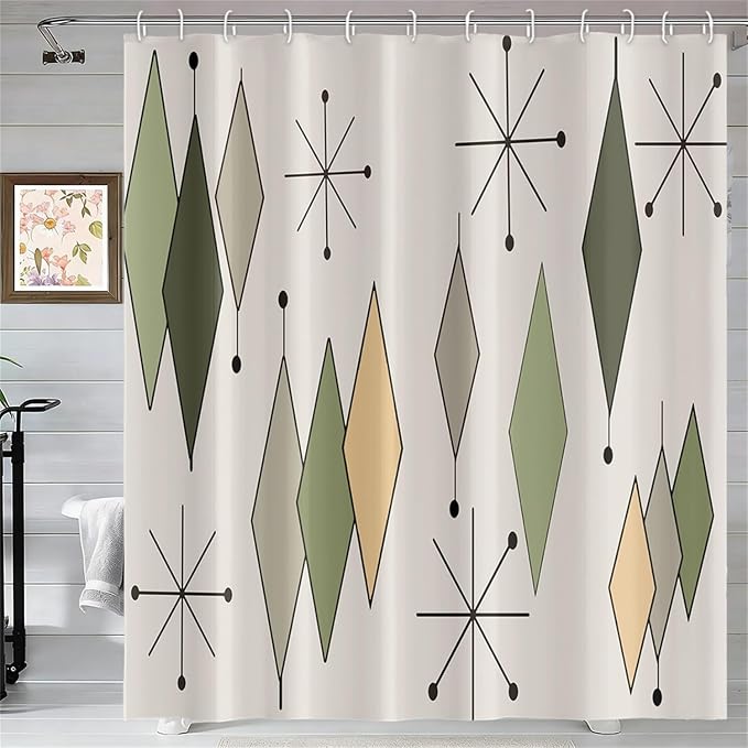 Boho Mid Century Shower Curtain Vintage Abstract Green Diamond Geometric Atomic Starburst Pattern for 1950s Retro Bathroom Decor Accessories Shower Curtain Set with 12 Hooks, 72x96 Inches