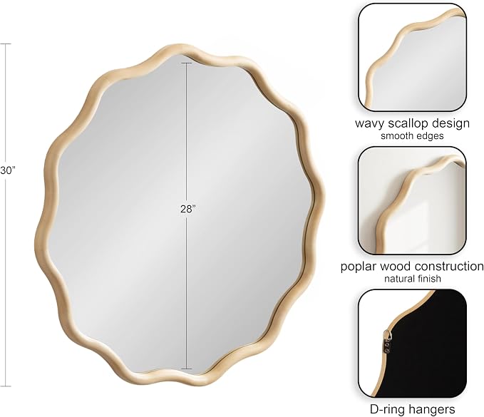 Kate and Laurel Talma Boho Round Scalloped Wall Mirror, 30 Inch Diameter, Natural Wood, Modern Circle Mirror with Solid Poplar Wood Frame and Rounded Frame