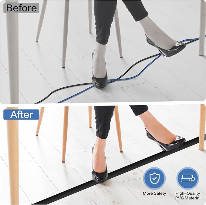 Floor Cord Cover Self Adhesive Cord Hider Floor Extension Cord Covers for Floor Power Cord Protector Cable Management Prevent Cable Trips Cable Cavity 0.51" W x 0.31" H (Black, 20Ft)