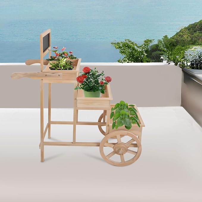 Flower Display Stand | 3-Tier Wood Flower Cart | Flower Cart Display Stand with Wheels | Ladder Shaped Plant stand | Market flower display Stand | Handle & Blackboard (Wood Color)