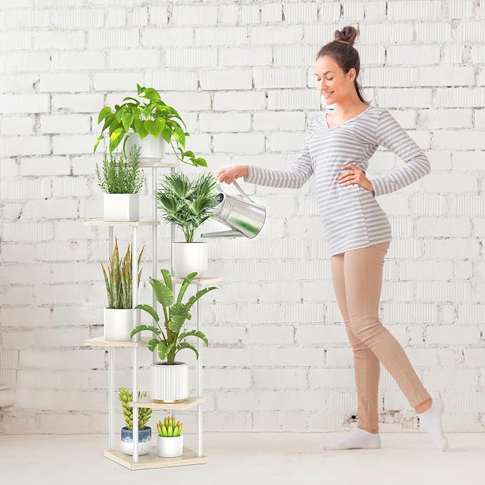 Oppro 6 Tier Tall Plant Stand Indoor, Large Metal Wood Muti Level Vertical Planter Shelf Orchid Holder for Narrow Corner, Sturdy Heavy Duty Flower Display Rack for House Decor Living Room Bedroom, White