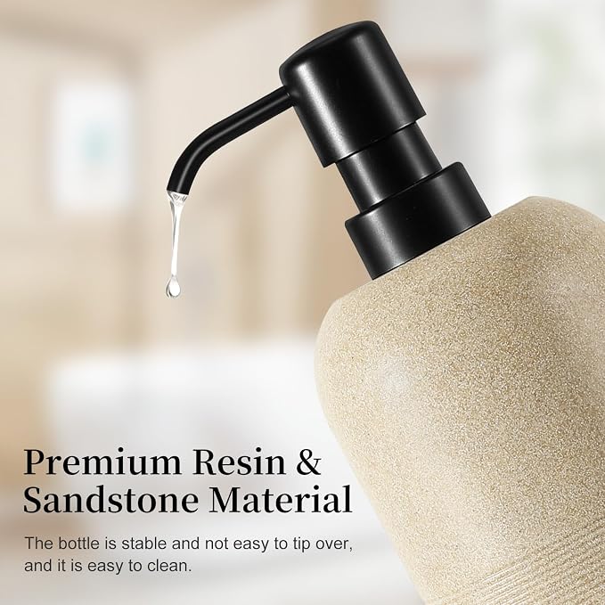 Luxspire 2 Set Soap Dispenser Cylinder-Shaped Resin and Gravel Liquid Soap Dispenser with Pump, 450ml Shampoo Container, Decorative Hand Soap Bottle for Bathroom, Kitchen and Hotel, Beige