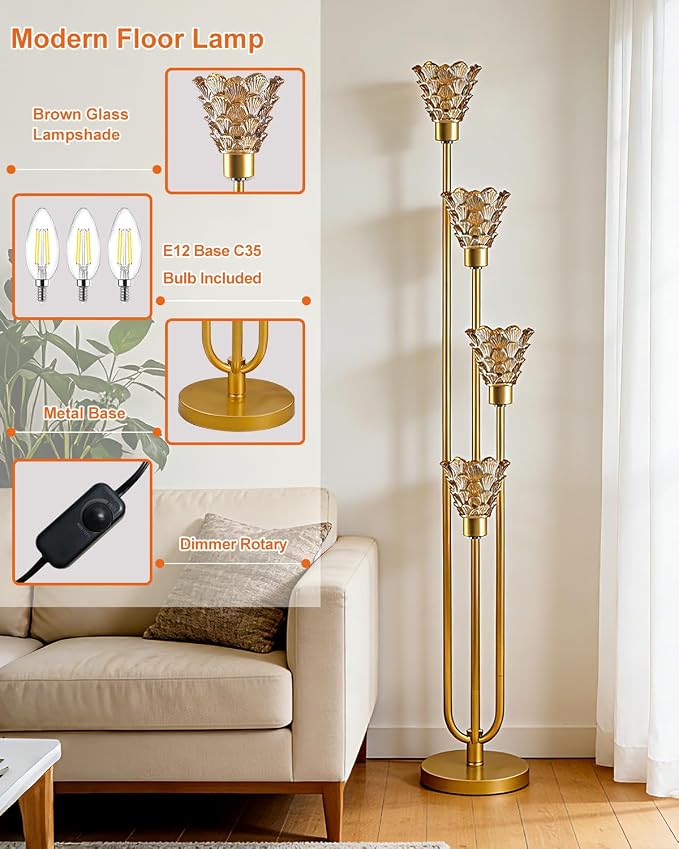 63IN 4-Lights Glass Floor Lamp Modern Dimmable Floor Lamps with Amber Glass Shade& Warm White Bulbs for Wedding/Party, Gold Tall Standing Lamp with 5Lbs Heavy Base for Living Room/Bedroom