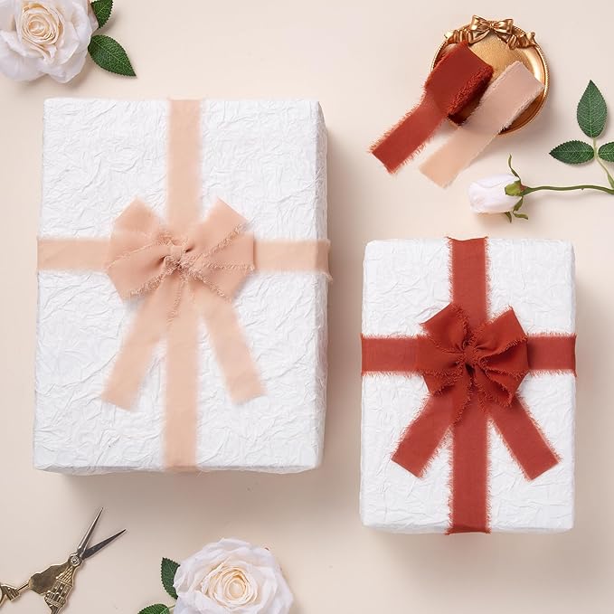 DORIS HOME Terracotta Chiffon Ribbon for Flower Bouquet, 1" x21Yd Fabric Ribbon for Gift Wrapping, Handmade Frayed Ribbon for Wedding Invitations/Christmas Decorations