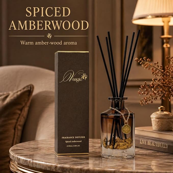 VANGIE Luxury Reed Diffuser for Home | Spiced Amberwood Warm & Woody Scent | Elegant Glass Bottle with Gold Flakes | Long-Lasting, Vegan | Bedroom, Living Room & Office