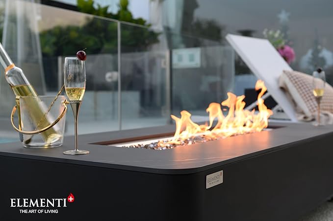 Elementi+ | Bundle Valencia Gas Fire Pit | Concrete Body & Marble Porcelain Top | 62" Rectangular Fire Table | Electronic Ignition | Canvas Cover, Fire Glass, Burner Lid & More | Black | Natural Gas
