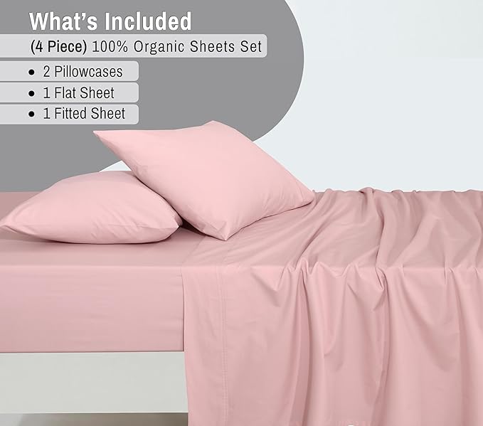 RUVANTI 100% Organic Cotton Sheets Queen Size, Percale Weave, GOTS Certified, 4-Piece Set, Deep Pocket 15", Crisp & Breathable, Soft Durable Bedding, Sábanas Algodón Orgánico –Peach Skin