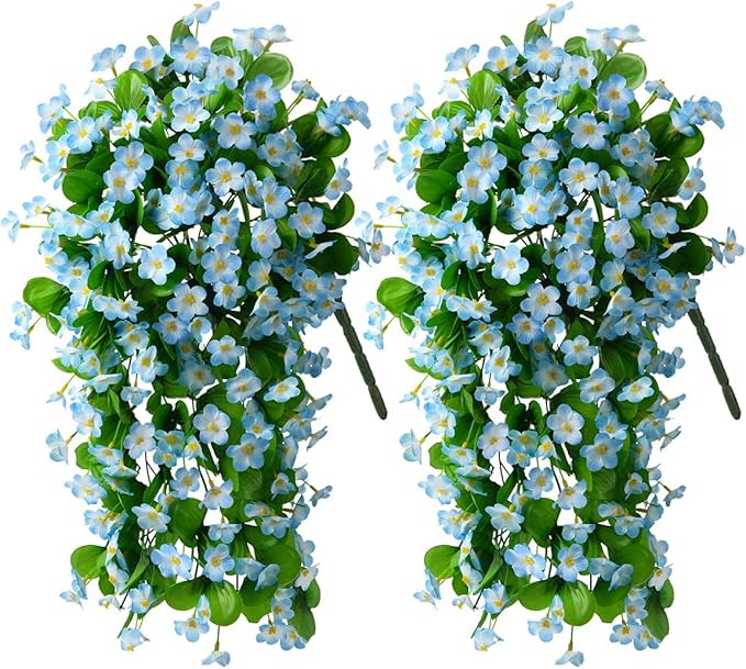 Artificial Fake Hanging Flowers Plants for Outdoor Spring Decoration, 2PCS Faux Silk Violet UV Resistant Look Real Trailing Vines for Outside Home Planter Porch Patio(Blue)