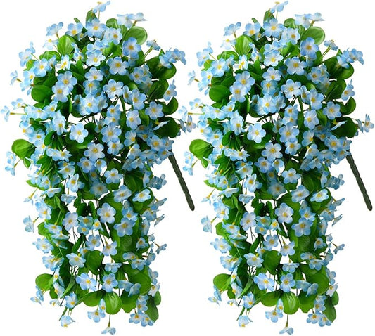 Artificial Fake Hanging Flowers Plants for Outdoor Spring Decoration, 2PCS Faux Silk Violet UV Resistant Look Real Trailing Vines for Outside Home Planter Porch Patio(Blue)
