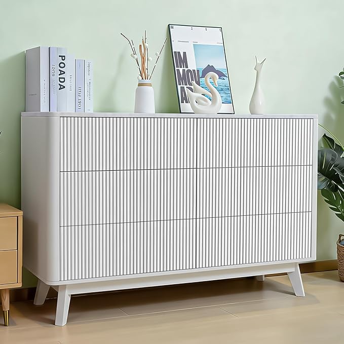 Fluted 6 Drawers Dresser for Bedroom,52" Wide Handleless Chest of Drawers with Faux Marble Top, Wooden Dresser TV Stand, Wood Drawer Organizer for Living Room, Hallway, White