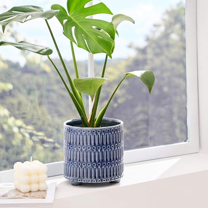 STHIE 5 Inch Ceramic Planters for Indoor Plants, Blue Cactus Snake Plant Pots with Drainage, Unique Design Round Flower Pot for Home Decoration