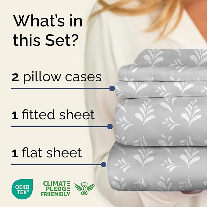 Floral Sheets - Grey & White Bed Sheet Set - 1 Flat, 1 Fitted & 2 Pillowcases w/ Deep Pockets - Comfy, Wrinkle & Fade Free - Boho Botanical Bedding - Ultra-Soft, Breathable & Cooling - Full Size Set