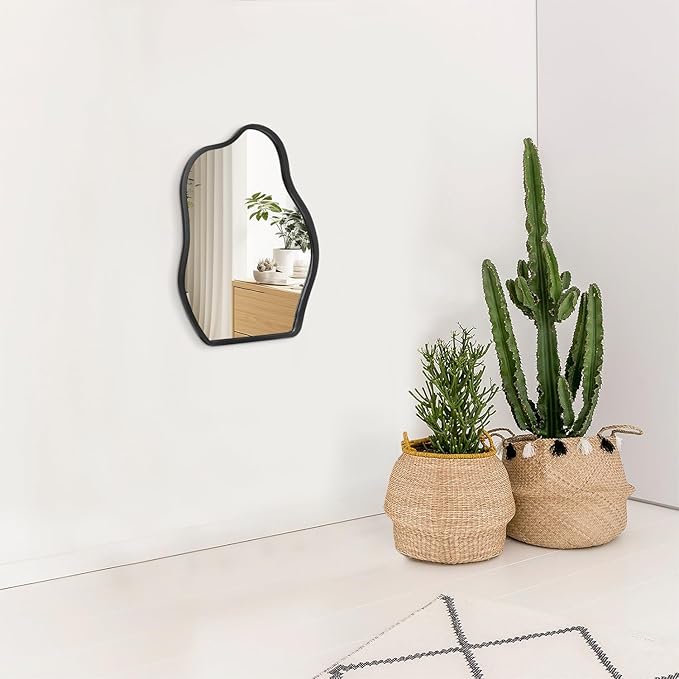 Asymmetrical Wood Frame Mirrors for Wall Oval Hanging Mirror Unique Irregular Modern Mirror for Entryway Hallway Living Room Bedroom Vanity Decorative Artistic Wall Mirror