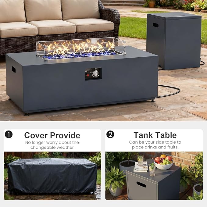 Aeeiua 42" Propane Fire Pit Table Set with Tank Holder, Rectangle 2-Piece Outdoor Firepit Wind Guard, Lid, Glass Stones and Cover