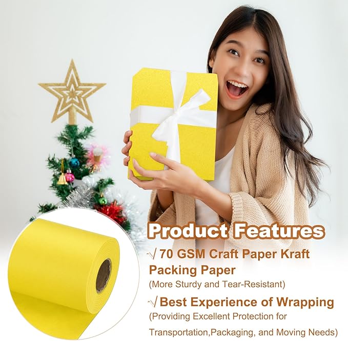 PATIKIL Wrapping Paper, 15" x 800"(66') 70 GSM Craft Paper Roll Kraft Packing Paper for Poster Bulletin Board, Gift Wrapping, Yellow