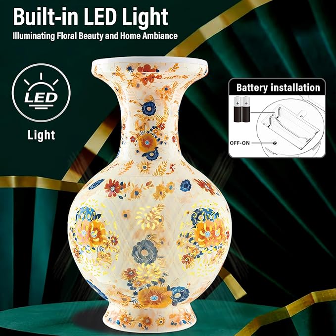 3D Puzzle Vase for Adults, 200 Curved Pieces DIY LED Vase, Unique Craft Kit for Home Decoration, Creative Hobby Gift for Women, Ideal Housewarming & Birthday Gifts (Vintage Floral Cream)