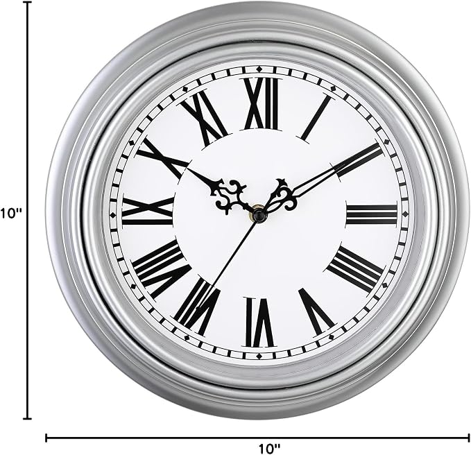 Plumeet Small Retro Wall Clock, 10'' Non Ticking Classic Silent Vintage Wall Clocks Decorative Kitchen Living Room Bedroom, Roman Numerals, Battery Operated, Silver, EM-8050-SL10