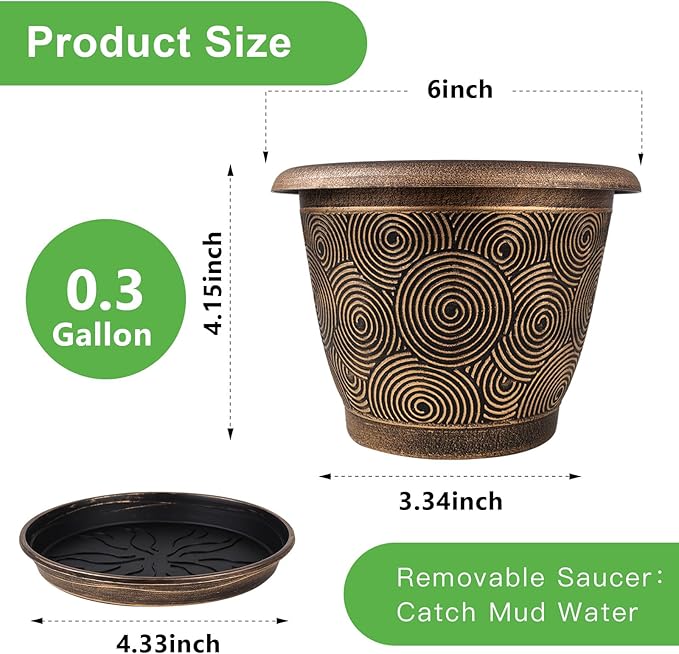 6 Inch Flower Pots Planters for Indoor Outdoor Plants, 6 Pack Plastic Small Plant Pots with Drainage Hole & Tray, Modern Decorative Garden Pot with Saucer, Plant Container for House