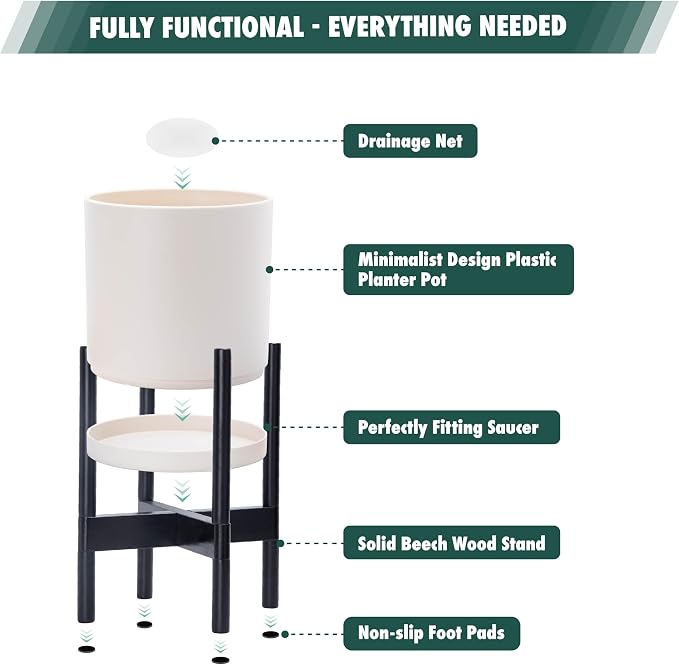 D'vine Dev Planter Pot with Stand - 8 Inch Plastic Cylinder Flower Pot with Wood Planter Holder for Indoor, Oatmeal Pot + Ebony Stand, 55-C-K-4