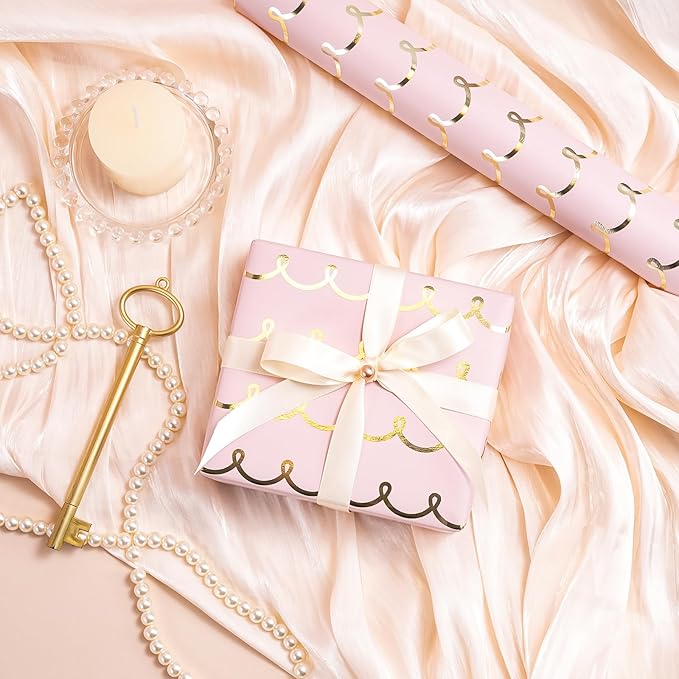 WRAPAHOLIC Pink Wrapping Paper Roll - Mini Roll - 17 Inch x 33 Feet - Metallic Foil Chic Classic Pink and Gold Wedding Wrapping Paper for Birthday, Wedding, Baby Shower, Valentine's Day
