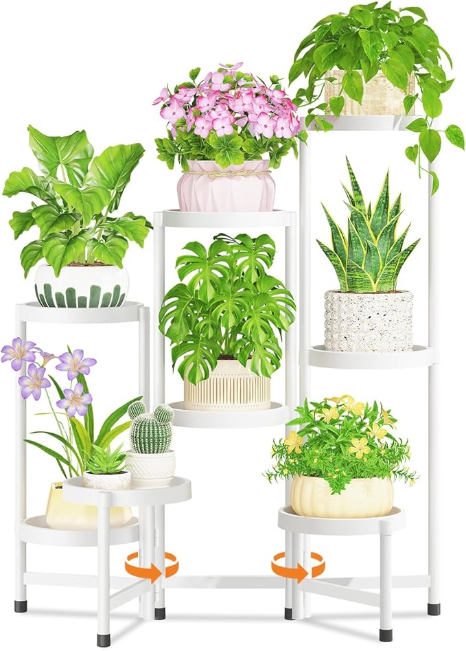 LASZOLA 8 Tiered Plant Stand Indoor Outdoor with Plastic Tray, Corner Folding Tall Flower Display Rack, Modern Plant Holder Shelf for Outdoor Patio Porch Garden Office Living Room, White