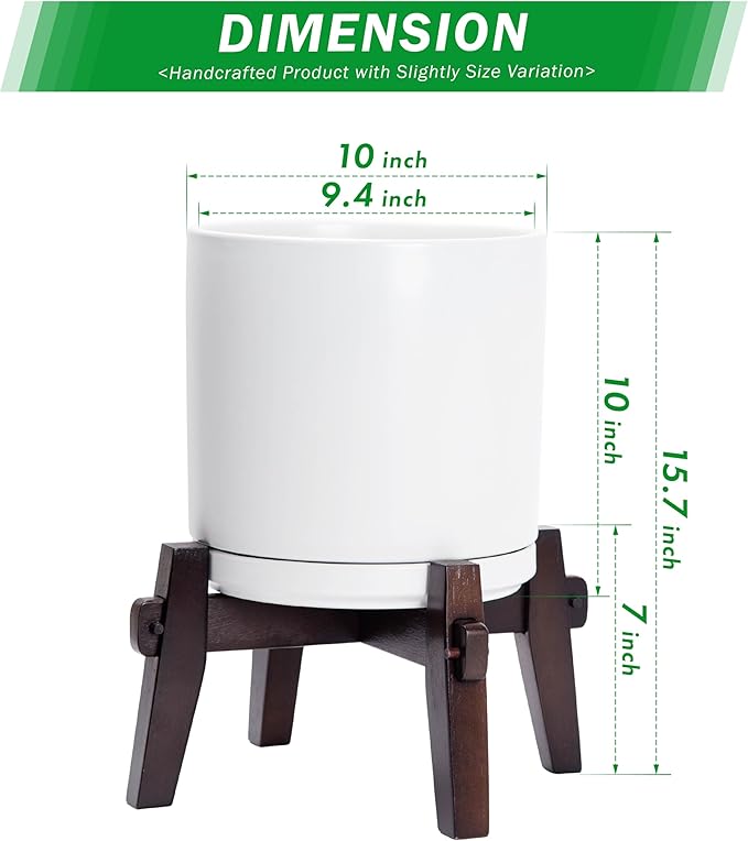 D'vine Dev Ceramic Planter with Wood Stand - 10 Inch Mid Century Modern Cylinder Indoor Plant Pot Set for Indoor Plants & Flowers, White, 55-A-X-1