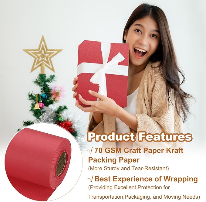 PATIKIL Wrapping Paper, 20" x 600"(49') 70 GSM Craft Paper Roll Kraft Packing Paper for Poster Bulletin Board, Gift Wrapping, Red