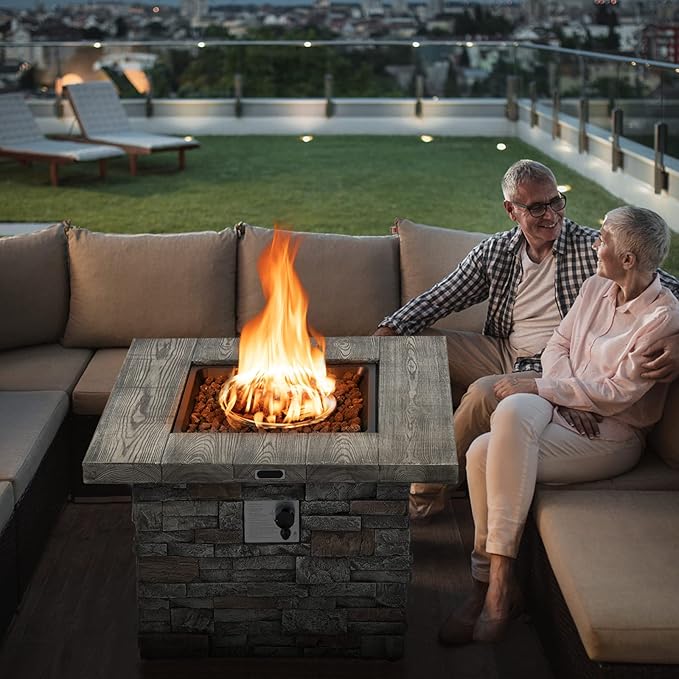 Giantex 34.5" Propane Gas Fire Pit Table - Patio 2-in-1 Outdoor Square Fire Table W/Volcanic Rock & PVC Cover, Stainless Steel Burner, 50,000 BTU Heat Output, Faux Stone Surface, Outside Fireplace