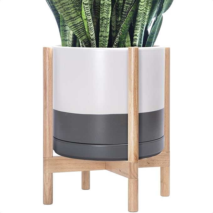 D'vine Dev Ceramic Planter with Natural Stand - 14 Inch Modern Round Flower Pot with Wood Planter Holder, White/Grey, 55-B-R-6