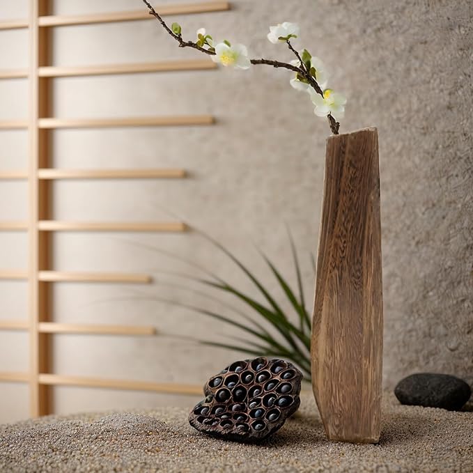 PONDON Decorative Tall Wood Vase for Dried Flowers, Rustic Flowerpot, Burnt Paulownia Plant Pot, Adds Elegance to Home Office Cafe