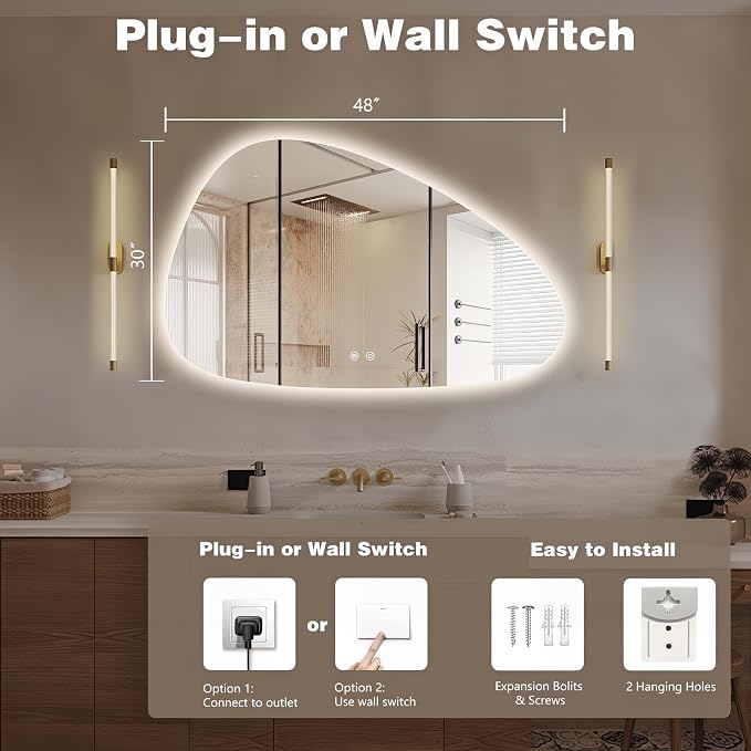 Niccy Irregular LED Bathroom Mirror, 30"x48" Asymmetrical Backlit Vanity Wall Mirrors, Light up Mirrors for Bedroom, Living Room, Modern Smart-Mirror with Anti-Fog, Dimmable, Memory Function