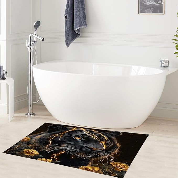 LB Black Gold Tiger Bath Mat for Bathroom- Aesthetic Gold Rose Floral Non Slip Doormat- Abstract Animal Absorbent Memory Foam Living Room Bedroom Door Front Floor Area Rugs,31.5x19.6 Inch
