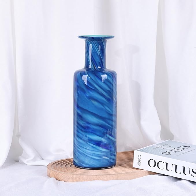 13" H Hand-Blown Glass vase, Modern Art Glass Cylindrical vase, Blue Glass Decorative vase, Ideal for Living Room Dining Table centerpieces, TV Console, Office, or Console Table Decor.