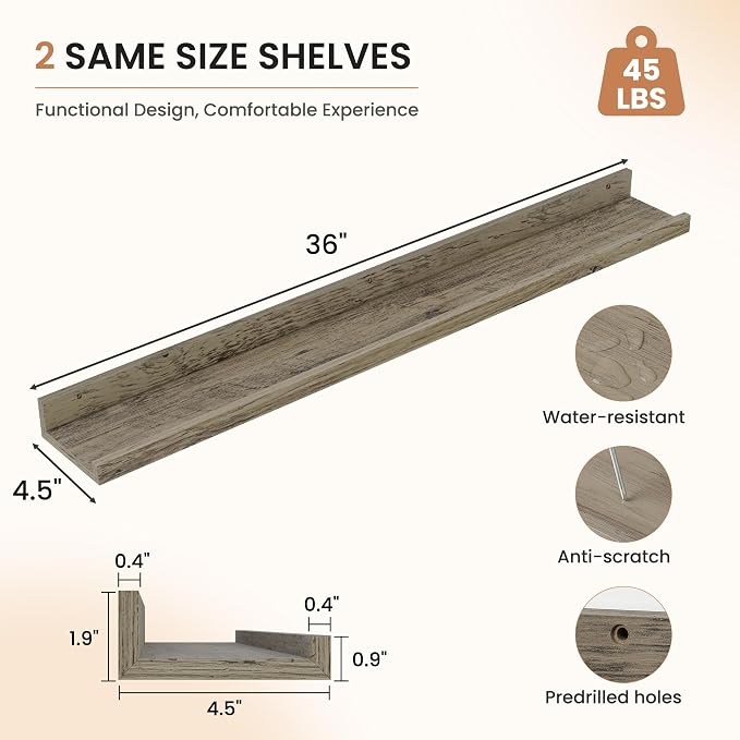 Dreamland Picture Ledge Shelf for Wall, Floating Shelves Set of 2,36 inch Long Floating Shelves with Lip for Living Room,Bedroom,Bathroom,Kitchen,Grey