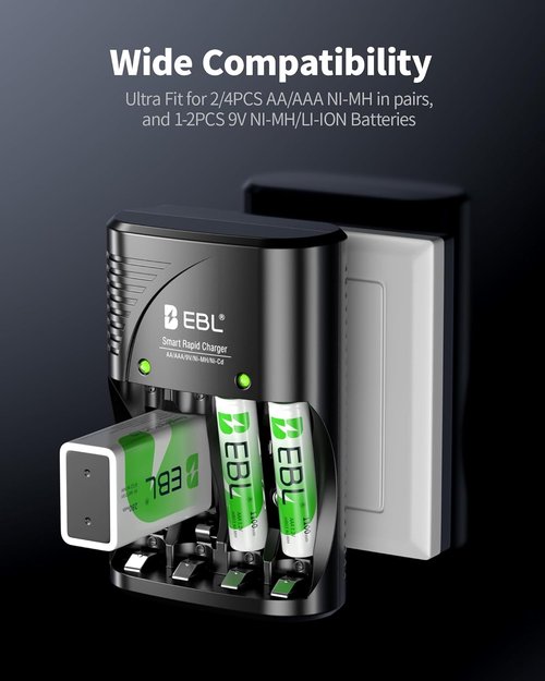 EBL Rechargeable AAA Batteries - 4-Pack with Foldable AC Charger for Ni-MH/Ni-CD Batteries