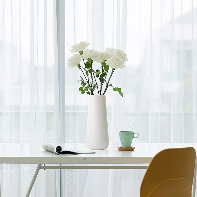 D'vine Dev 11 Inch Ceramic Flower Vase Textured Finishing, Minimalist Design for Kitchen, Bedroom, Living Room, Centerpieces, Office, Ivory, VS-XH-A-2