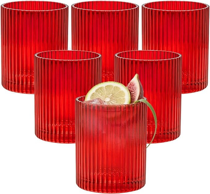 14 oz Ribbed Drinking Glasses Set of 6, High Clear Vintage Iced Coffee Cups Elegant Glassware, Highball Glass Cups Ridged Glass Tumbler for Cocktail, Whiskey, Beer, Water, Juice, Origami Style Red