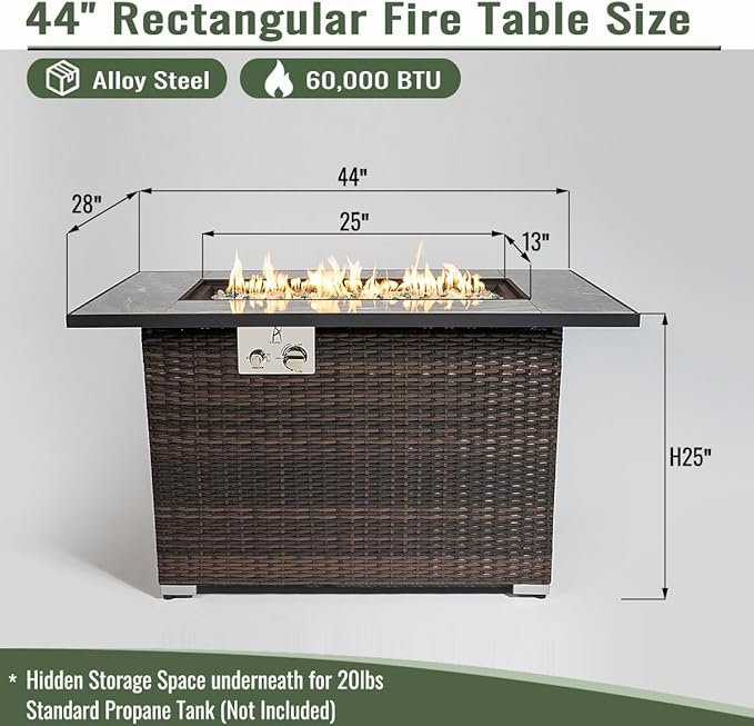 44" Propane Gas Fire Pit Table, 50000 BTU Rectangular W/Glass Wind Guard Fire Pit, Tile Tabletop with Beautiful Wicker Base for Outside Patio Deck Garden Courtyard